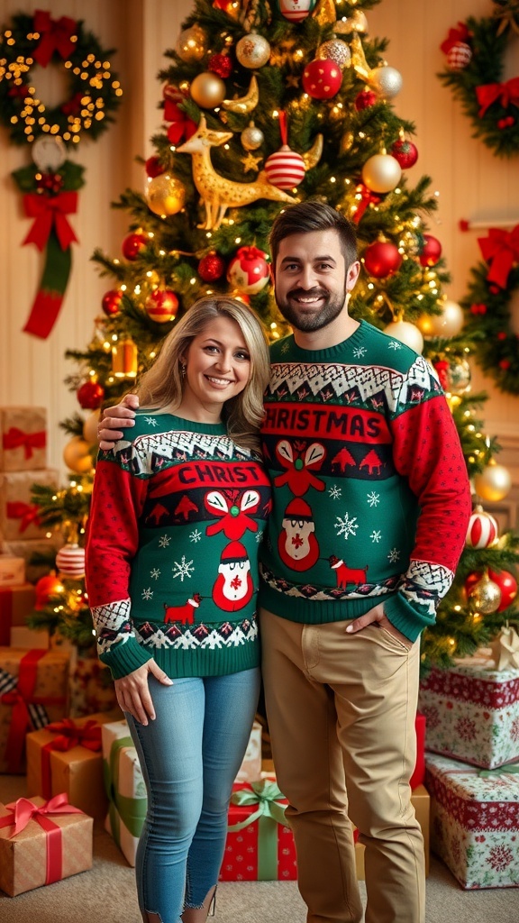 Stylish Christmas Outfits for Couples Couple in matching Christmas sweaters by a decorated Christmas tree.